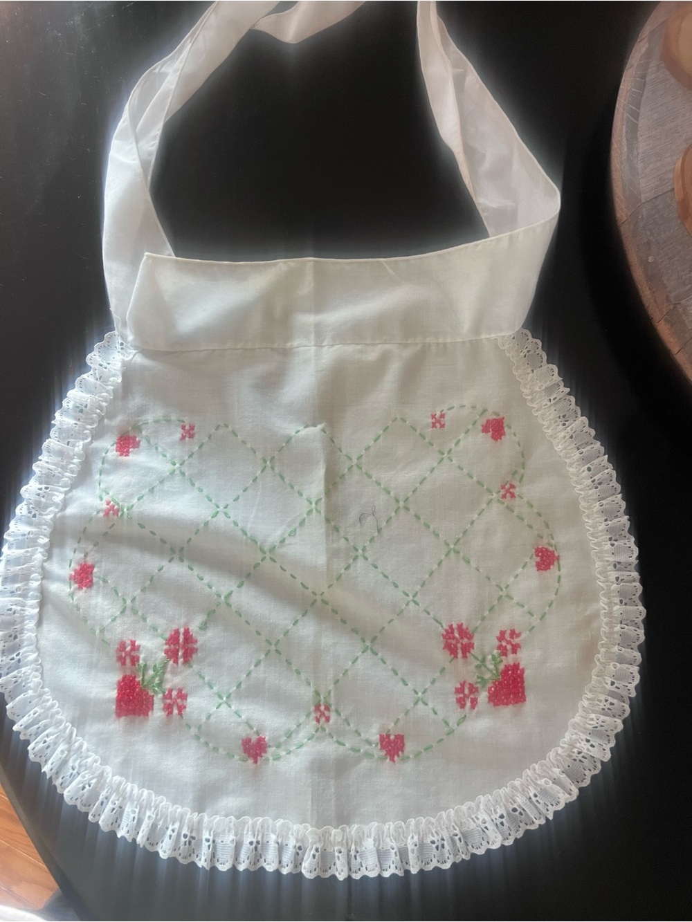 Vintage White Hand-Embroidered Mini Apron with Pink Floral Accent